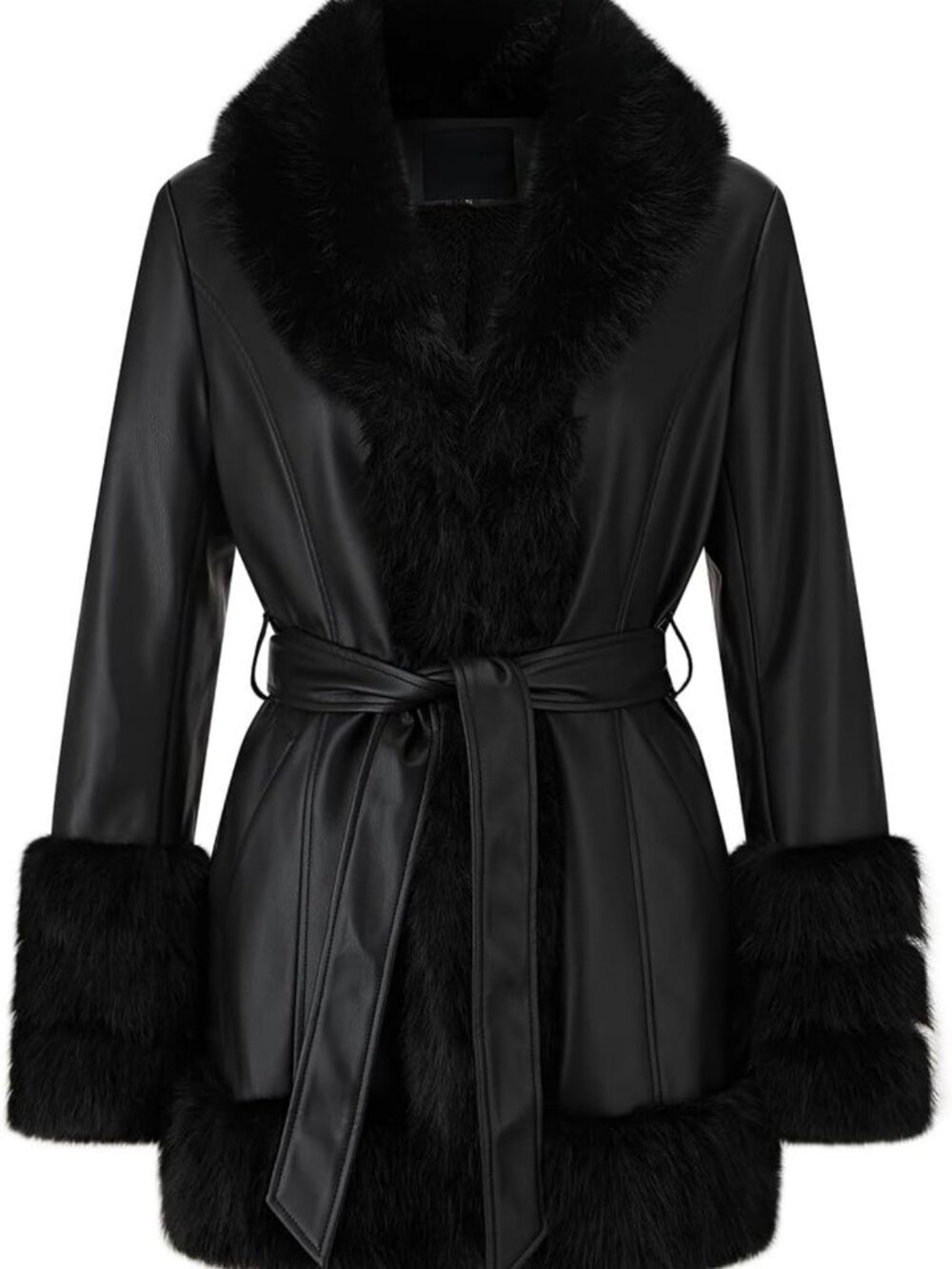 Stylish Women's Faux Leather Fur-Lined Belted Parka Jacket - Cozy Overcoat